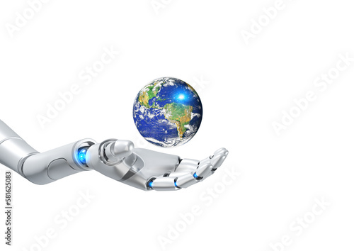 Robot Hand Holding planet Earth isolated on transparent background, 3d rendering with png file, Elements of this image furnished by NASA