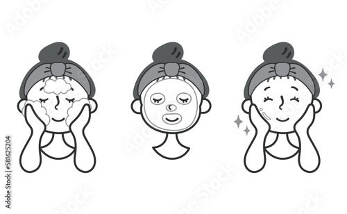 フェイスパックの使用方法の解説　イラスト素材セット　線画