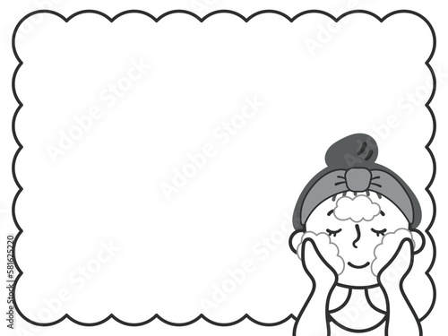 洗顔・スキンケアする女性のイラスト素材　フレーム　線画