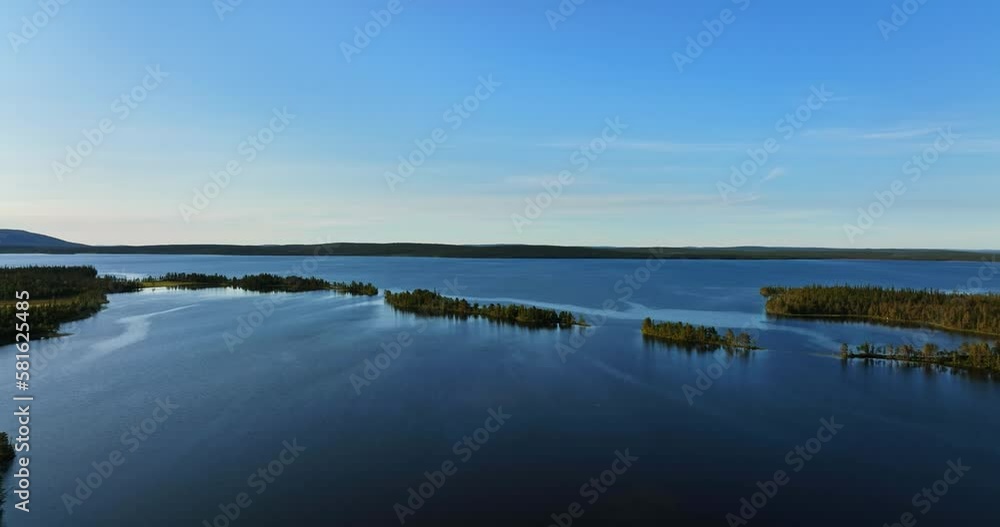 Aerial view of islands on lake Pallasjarvi revealing the Pallas fell, summer in Lapland Aerial view of islands on lake Pallasjarvi revealing the Pallas fell, summer in Lapland
