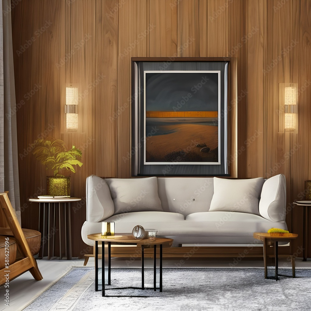 A living room with a warm color scheme, including wood furniture and plenty of homey touches1, Generative AI A living room with a warm color scheme, including wood furniture and plenty of homey touches1, Generative AI