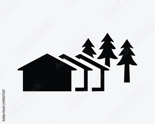 Neighbourhood Icon Row of Residential Houses Homes with Trees Vector Black White Silhouette Symbol Sign Graphic Clipart Artwork Illustration Pictogram