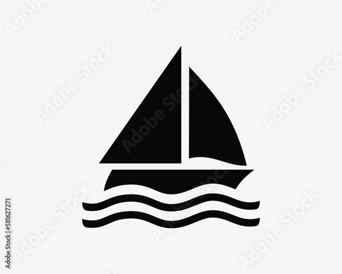 Sailboat Icon Sail Boat Wind Ship Yacht Sea Wave Ocean Lake Vector Black White Silhouette Symbol Sign Graphic Clipart Artwork Illustration Pictogram