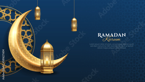 Ramadan Kareem islamic pattern background with golden realistic crescent moon and lantern. Islamic background for banner, poster, and greeting card design