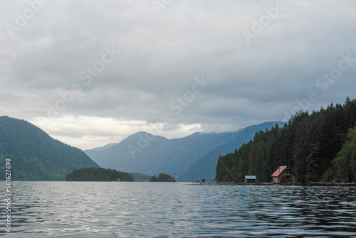 A calm day on Great Central Lake near Port Alberni, Vancouver Island, BC, Canada