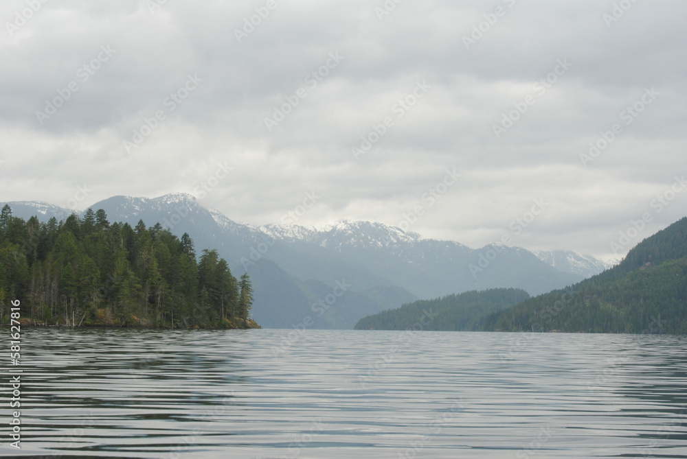 A calm day on Great Central Lake near Port Alberni, Vancouver Island, BC, Canada