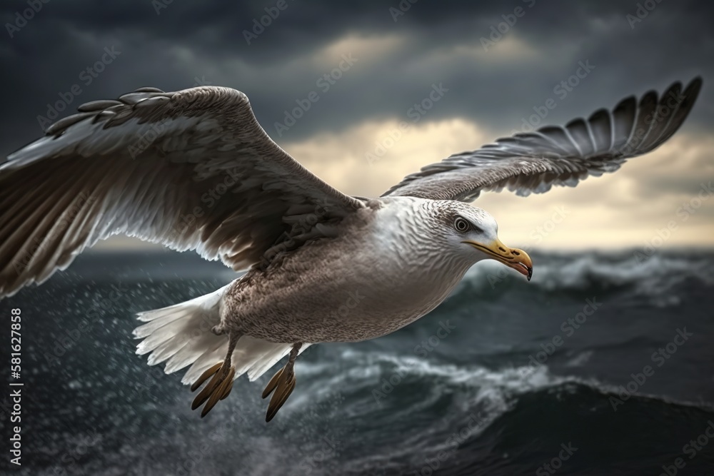 Fototapeta premium Bird's Eye View: Seagull Spotted Soaring Above the Ocean in Incredible Shot - Generative AI