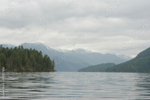 A calm day on Great Central Lake near Port Alberni, Vancouver Island, BC, Canada