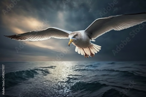 Freedom in the Sky: Awe-Inspiring Shot of a Gull Flying Over the Sea - Generative AI © Rysak