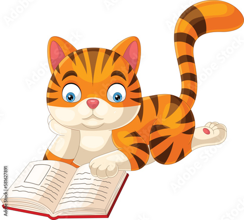 Cute cat cartoon reading a book