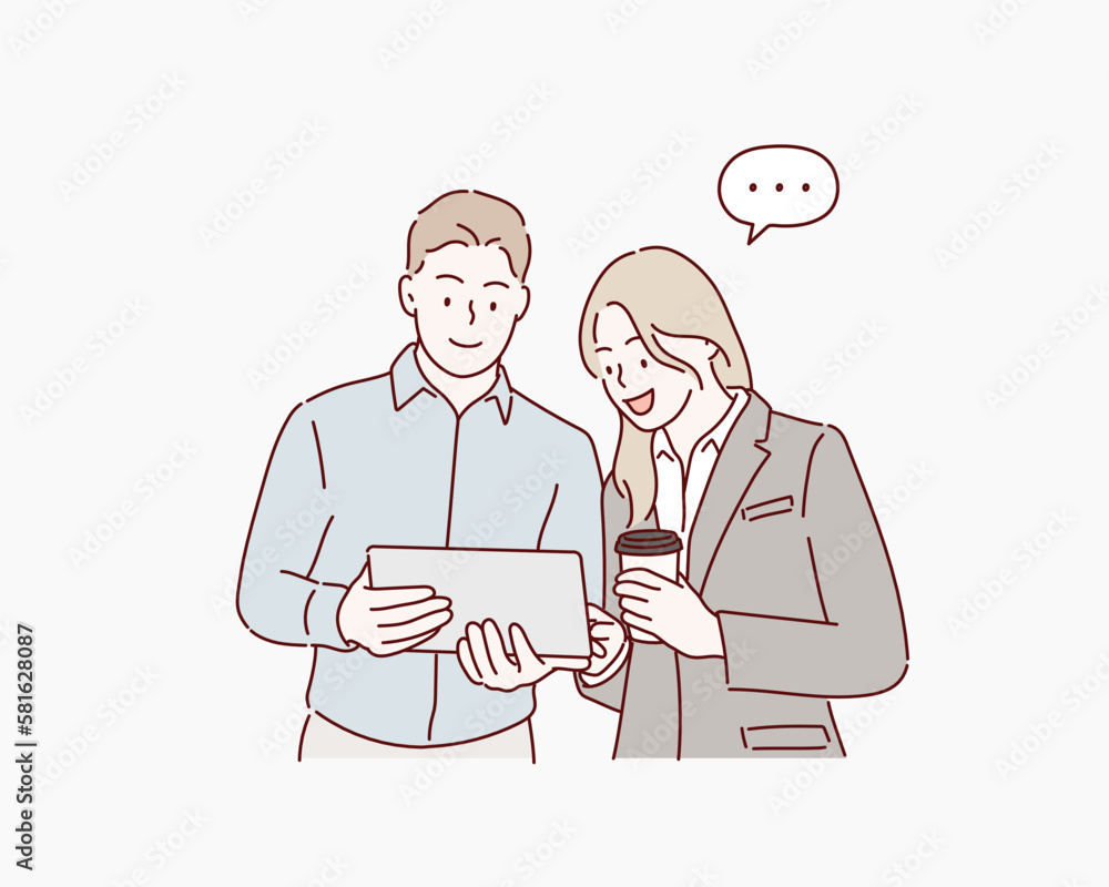 Businessman and businesswoman using digital tablet. Hand drawn style vector design illustrations.