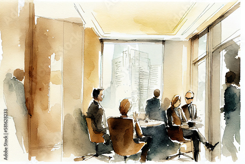 group of people in office, business meeting watercolor illustartio, generative ai