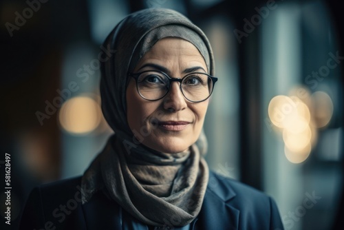 Fototapeta Portrait of confident Beautiful smiling muslim working businesswoman wearing a hijab, suit and eyeglasses