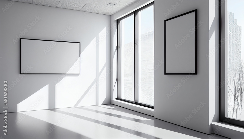 Empty white room with two blank frames on the wall and city view.generative ai Empty white room with two blank frames on the wall and city view.generative ai