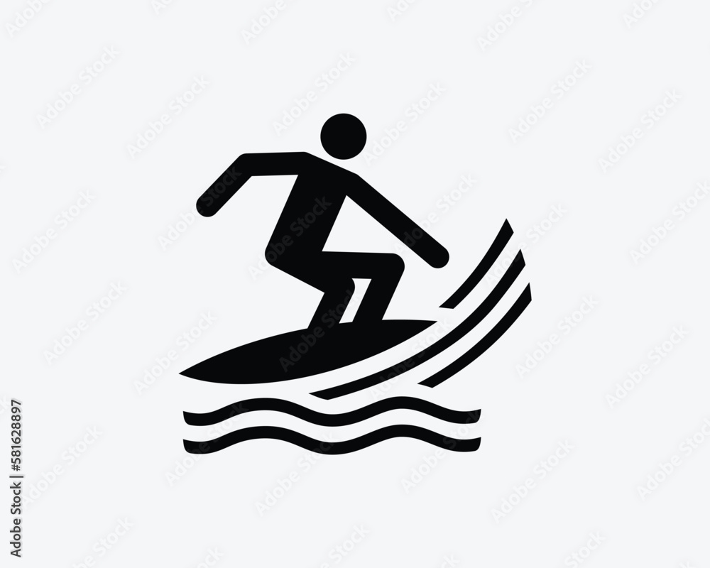 Surfing Icon Surf Boarding Board Surfer Water Sports Activity Vector Black White Silhouette Symbol Sign Graphic Clipart Artwork Illustration Pictogram