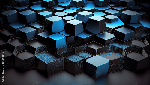 abstract background with hexagons in black and blue color.generative ai
