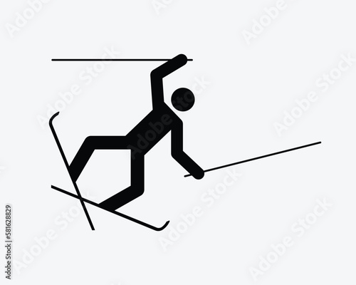 Skier Falling Ski Fall Down Accident Trip Lose Balance Black White Silhouette Symbol Icon Sign Graphic Clipart Artwork Illustration Pictogram Vector