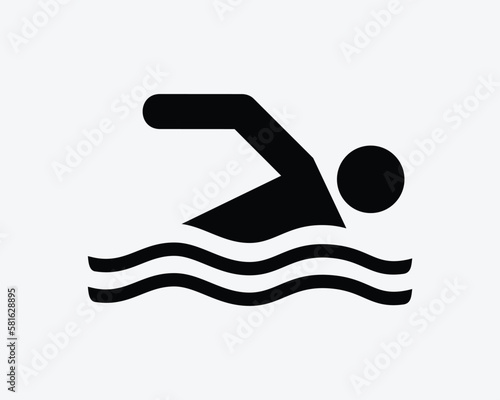 Swimming Icon Swim Swimmer Man Stick Figure Sport Athlete Vector Black White Silhouette Symbol Sign Graphic Clipart Artwork Illustration Pictogram