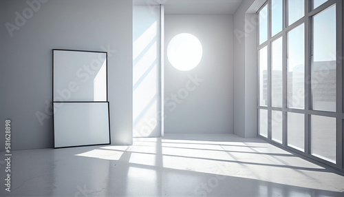 Empty white room with two blank frames on the wall and city view.generative ai