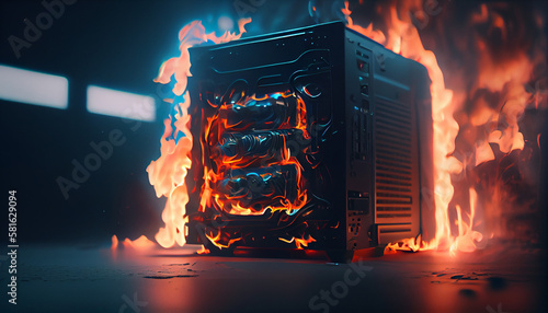 Fire in the server room. Data security concept.generative ai