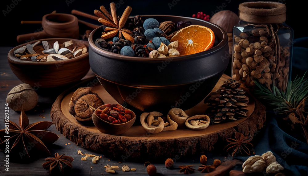 Spices and herbs on wooden background. Food and cuisine ingredients.generative ai