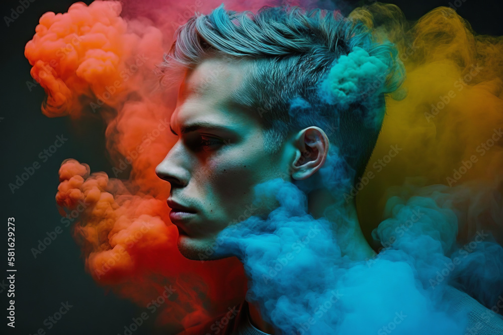 A guy surrounded by colored smoke with a cinematic vibe. Created with generative AI technology