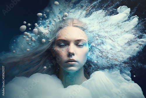 A white girl with white hair is surrounded by white smoke and drops, the background is blue and it seems like she is submerged in water. Create with generative AI technology photo