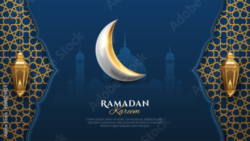 Ramadan Kareem islamic pattern background with realistic crescent moon, hanging lantern and mosque. Islamic background for banner, poster, and greeting card design