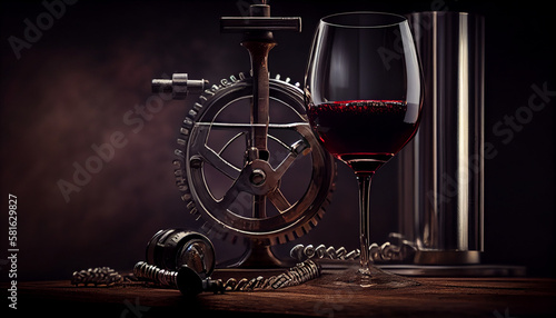 Glass of red wine with bottle and corkscrew on wooden table.generative ai