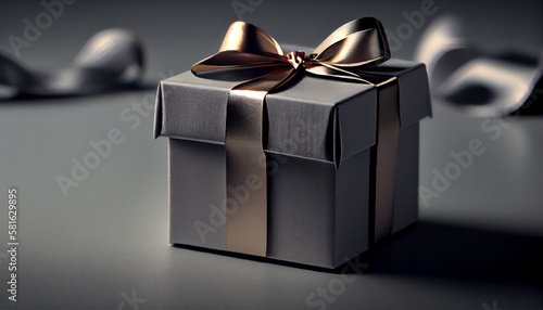Black gift box with a silver bow on a grey background.generative ai © S...