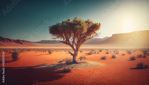 African tree in the desert at sunset.generative ai