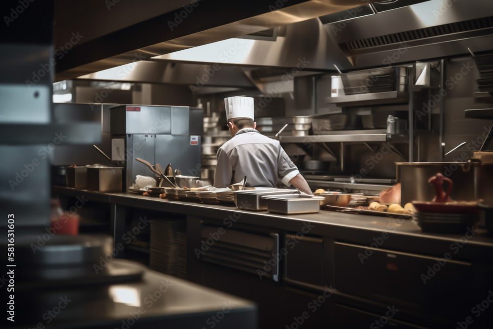 Obraz premium Restaurant professional kitchen background, generative ai