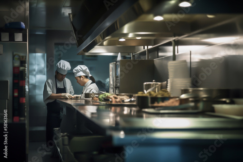 Restaurant professional kitchen background, generative ai