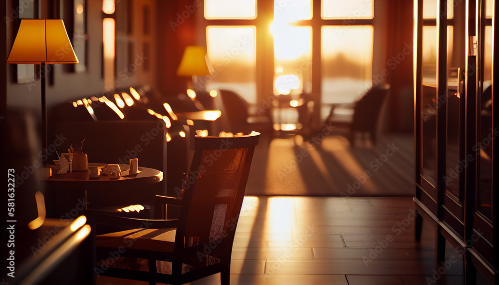 Cafe interior with tables and chairs. Sunset.generative ai