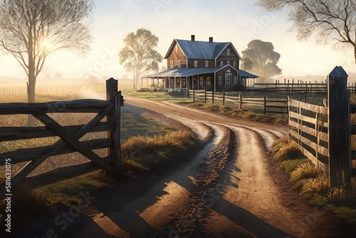 Generative AI Illustration of a ranch house in the morning in the countryside photo