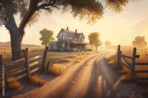 Generative AI Illustration of a ranch house in the morning in the countryside