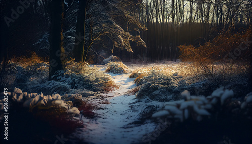Winter landscape with snow covered trees and path in the forest at sunset.generative ai