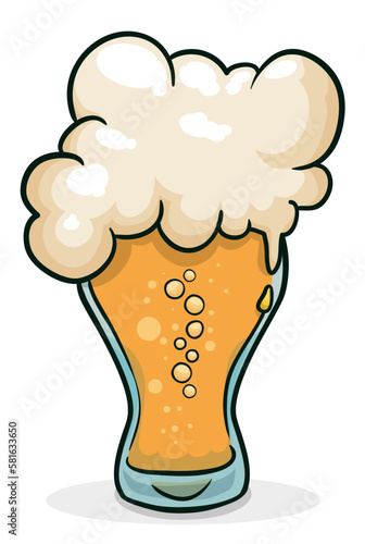 Beer with foam served in pilsner glass in cartoon style, Vector illustration
