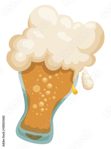 Tilted pilsner glass with beer, spilling drop and foam, Vector illustration