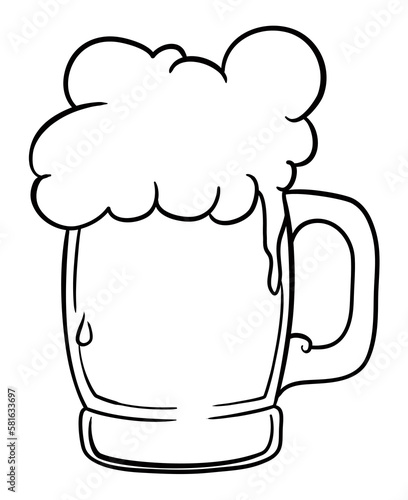 Beer mug with foam and drop in outlines for coloring, Vector illustration