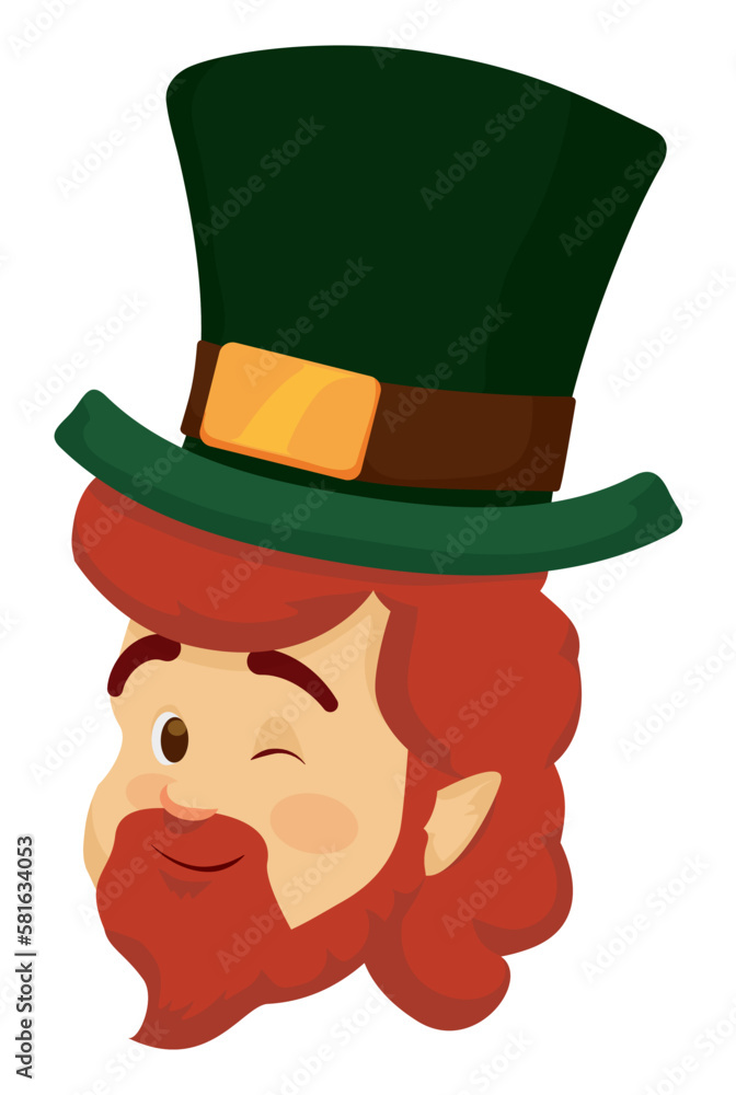 Leprechaun head with winking gesture, ginger beard and top hat, Vector illustration