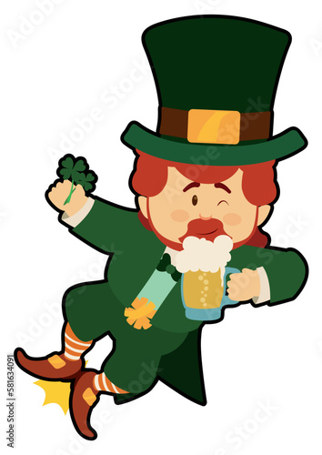 Happy Leprechaun clicking his heels while drinking a beer, Vector illustration