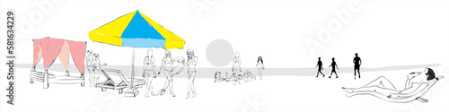 Female figure. Expressive line silhouettes of female bodies in various poses. Girls in swimsuits holding surfboards, standing, sitting or lying on the beach. vector sketch