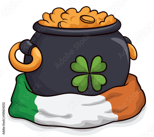 Cauldron with gold coins over Irish flag in cartoon style, Vector illustration