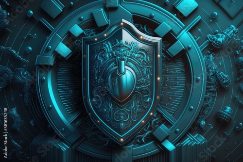 Cybersecurity digital locks and shields in shades of blue and black technology background. Generative AI