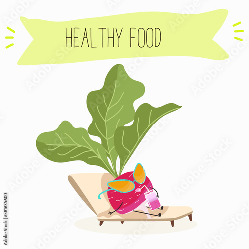 Illustration with funny characters cabbage, brussels, sprouts, radish   Funny and healthy food. Vitamins, cute face food, ingredients, vegetarian, vector cartoon, agriculture, raw.