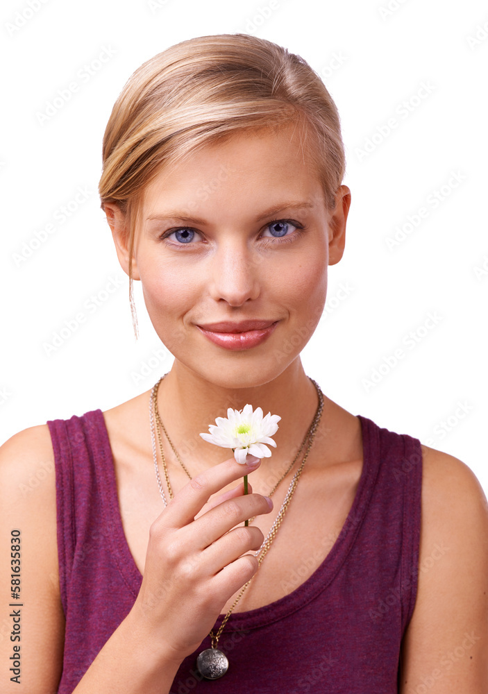 Delicate beauty. Studio portrait of an attractive woman holding up a flower isolated on white. Delicate beauty. Studio portrait of an attractive woman holding up a flower isolated on white.
