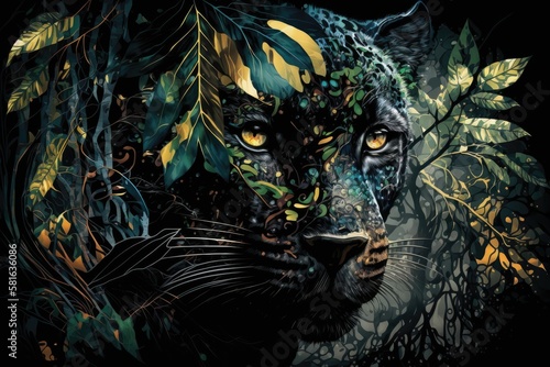 Mysterious panther melted into the shadows of a jungle, its eyes glowing amidst the exotic flora. Ink color painting. Generative AI