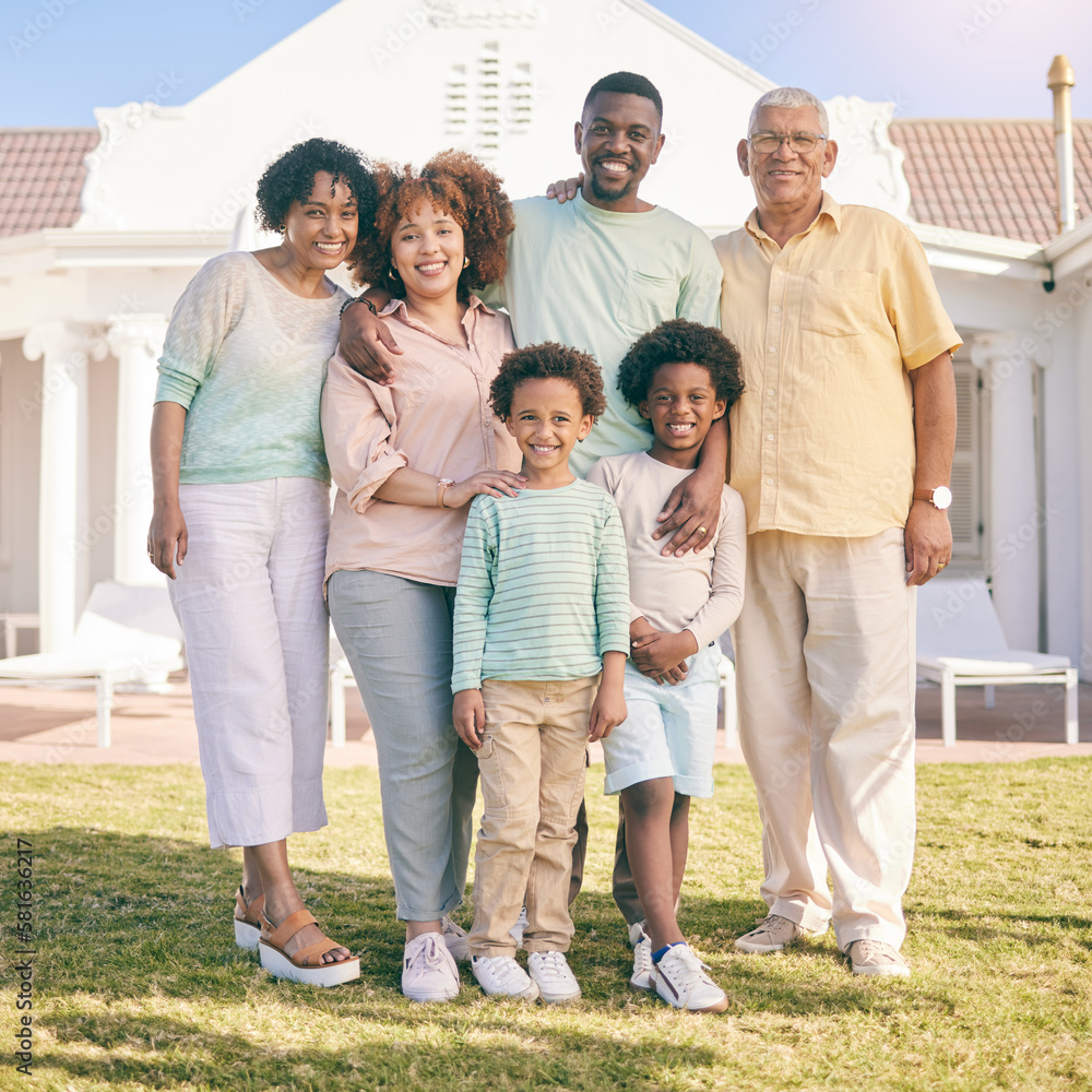 Real estate, property and portrait against family house, happy and excited for new home or relocation. Face, smile and children with parents and grandparents together for moving, dream and relocating Real estate, property and portrait against family house, happy and excited for new home or relocation. Face, smile and children with parents and grandparents together for moving, dream and relocating