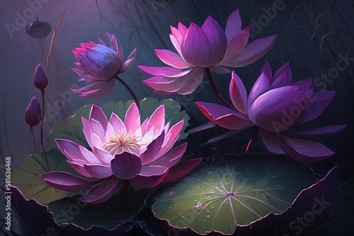 Lotus flowers in shades of purple and pink. Generative AI